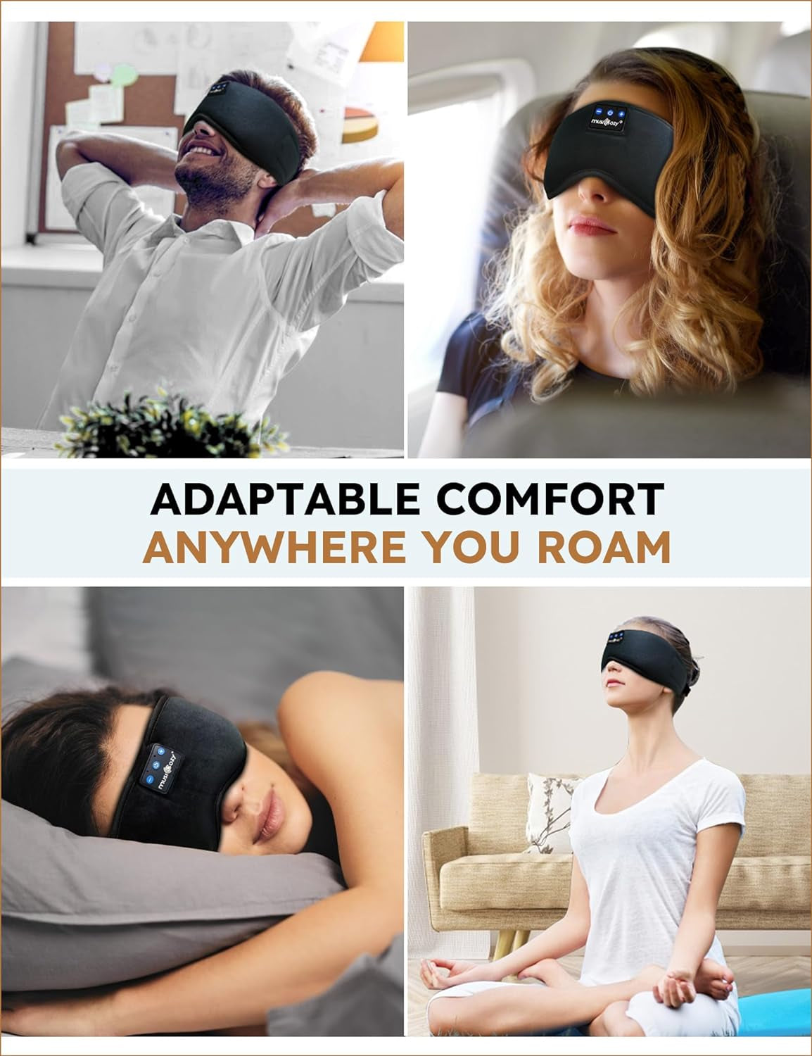 Sleep Headphones Bluetooth Headband Sleeping Headphones Eye Mask for Women Men Unisex, Wireless Music Mask Built-In Speakers Microphone Adjustable Strap for Side Sleepers Travel Office